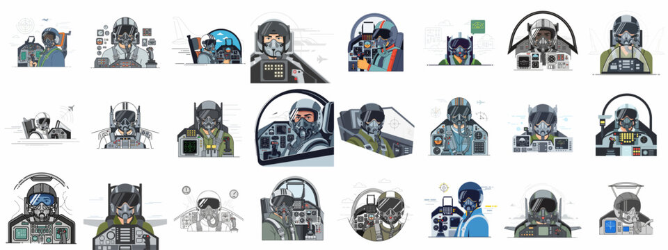Vector illustrations of fighter pilots in cockpits, wearing helmets and masks, operating controls and radar, representing aviation and military service.