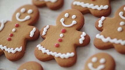 A close-up of cheerful gingerbread cookies decorated with icing and set against a festive background.