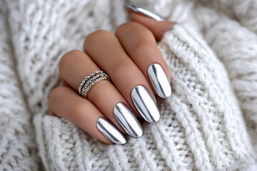 Woman's hand showing silver chrome nails and ring