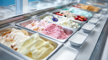 Assorted flavors of gelato displayed in stainless steel containers in a bright and modern ice cream parlor