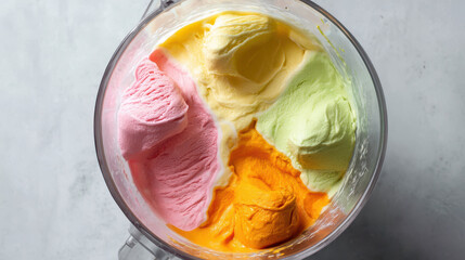Colorful assortment of ice cream scoops in a blender bowl showcasing vibrant pink, yellow, green, and orange flavors