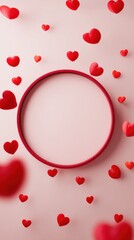 Romantic Pink Background With Floating Red Hearts and Circular Ring Frame – Valentine Theme Stock Photo for Romance, Love, and Decor