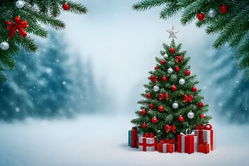 Elegant Christmas Tree with Gifts on Snow Background Framed by Festive Fir Branches