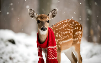 A young deer wearing a red scarf stands in the snow during winter