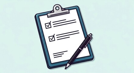 Illustration of a clipboard with checkmarks and lines and a pen on a light blue background