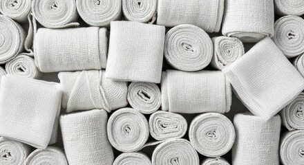 An overhead shot of many white rolled and folded medical bandages scattered across the surface area