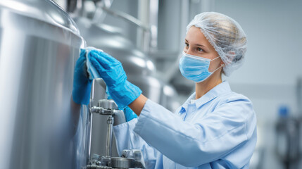 Female worker in protective gear cleaning industrial equipment in a sterile manufacturing facility focused on hygiene and safety