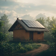 A small village hut with a sloping thatched roof, earthy textures.