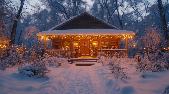 Cozy Christmas Cabin with Glowing Lights in a Snowy Forest a perfect scene for warm winter greetings and festive holiday backgrounds.