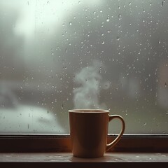 A warm and cozy rainy window view with a steaming cup of coffee.
