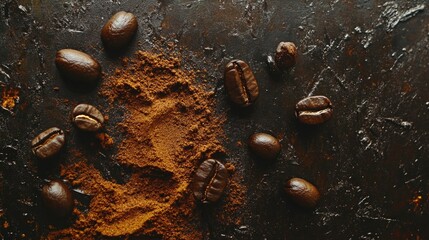 A close-up of coffee beans and ground coffee on a dark surface