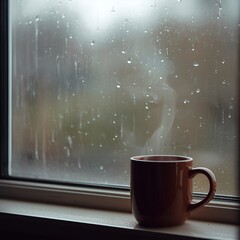 A warm and cozy rainy window view with a steaming cup of coffee.