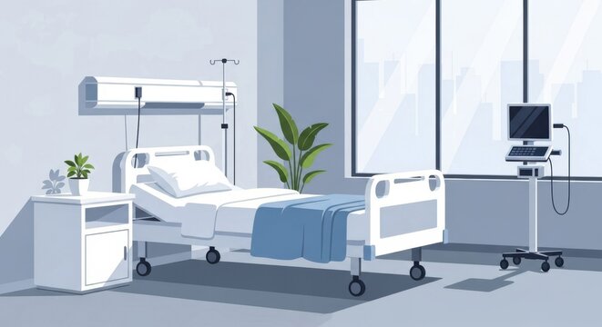 A hospital room with a bed side table monitor and plant in a bright and clean minimalist setting