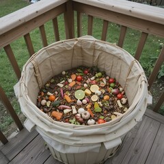 Compost bin filled with food scraps placed on backyard wooden deck.