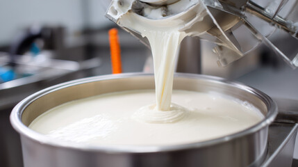 Cream being poured from a mixer into a large stainless steel container in a food processing facility