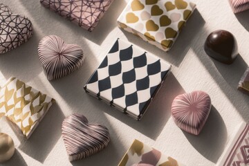 Delicate Heart Shaped Chocolates and Patterned Gift Boxes Create a Romantic, Festive Scene for Valentine’s Day, Luxury Confections Display, and Special Gift-Giving Moments