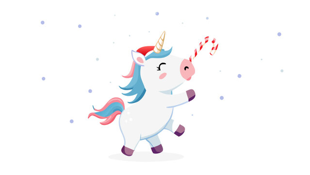 A baby unicorn with a candy-cane horn dancing in falling snow .vector icon