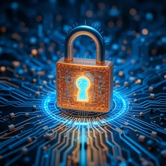 Encrypted digital padlock icon over circuit board in glowing blue lighting.