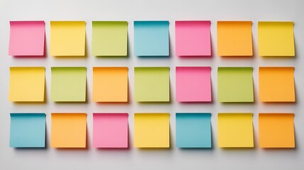 Multicolored blank sticky notes, spaced apart, isolated on white background.