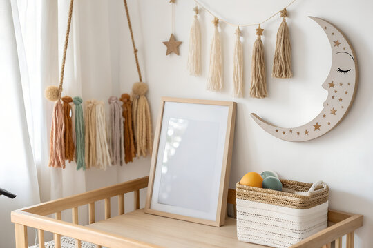 Cozy boho nursery interior mockup with single light oak wood frame containing blank white paper, rattan peacock chair, pastel pom-pom garland, soft natural window light, neutral beige pink tones, chil