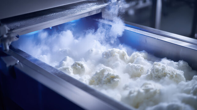Frozen ice cream mixture in an industrial container with steam and cool lighting effects creating an intriguing visual atmosphere