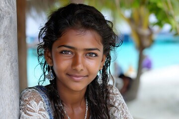 Young girl smiling outdoors at tropical beach