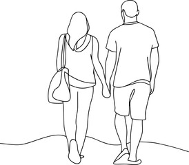 Couple walking hand in hand line art illustration
