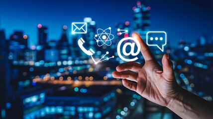 Digital communication icons above city skyline at night