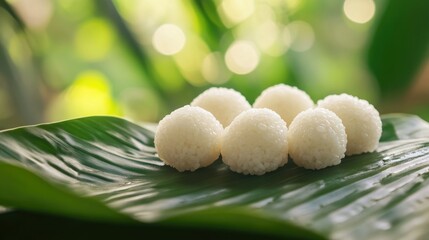 A close-up of five round, white rice balls on a leaf, often used in Asian desserts