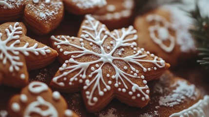 A close-up of festive gingerbread cookies decorated with icing and powdered sugar.