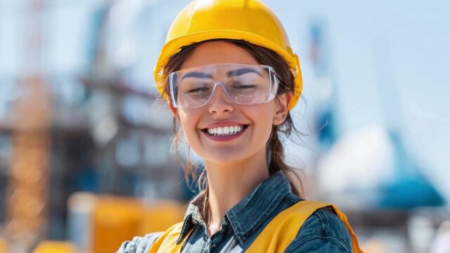 Confident Construction Worker Smiling: A skilled construction worker, radiating confidence and expertise, wearing a hard hat and safety glasses, with construction equipment as a backdrop.