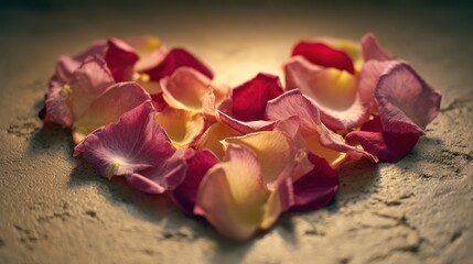 Romantic Heart Of Rose Petals Arranged On Concrete Surface In Soft Golden Light
