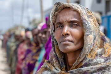 East african woman waiting in line with community