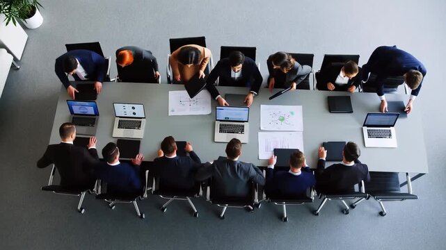 Business professionals entering a modern boardroom setup with laptops and documents on the table, preparing for an important corporate meeting or brainstorming session