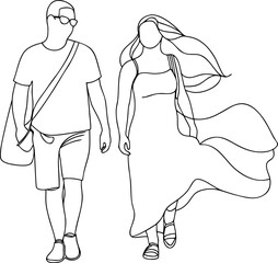 Couple walking together summer outline drawing vector