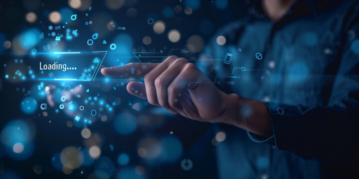 Close-up of a human hand interacting with a digital interface showing a loading bar and the year 2026.