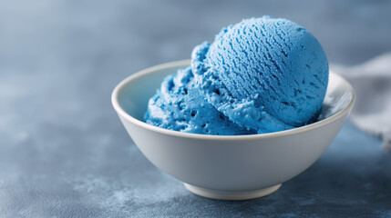 Close-up of a bowl filled with vibrant blue ice cream on a textured blue background