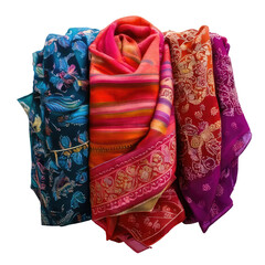 Stacked, colorful textile scarves, floral & patterned