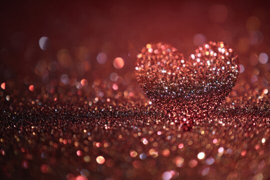 Shimmering Red Glitter Heart Resting on a Sparkling Surface – Romantic Valentine Theme with Warm Glow and Bokeh Lights