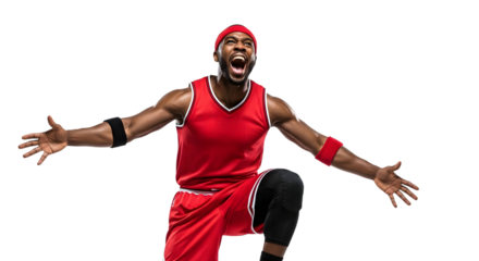 Excited african american basketball player in red uniform celebrating victory