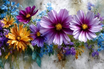 Vibrant cosmos flowers bouquet painting displaying impressionist art style