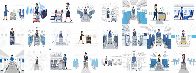 Vector illustrations depicting flight attendants providing inflight catering service with trolleys in various airplane cabin settings. © Sabiqul
