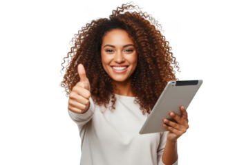 Joyful young woman with curly hair gives a thumbs up while holding a tablet expressing positivity and success in her digital endeavors