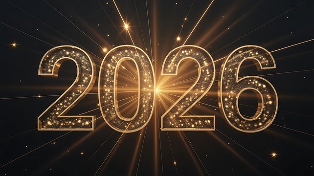 Sparkling golden 2026 new year on dark background with light rays and glitter - Powered by Adobe