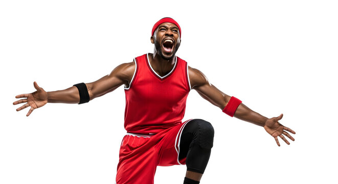 Excited african american basketball player in red uniform celebrating victory - Powered by Adobe