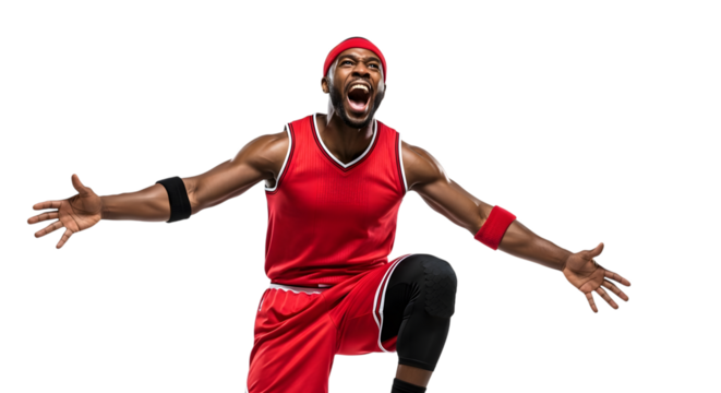 Excited african american basketball player in red uniform celebrating victory