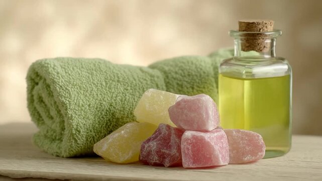 Spa essentials with a green towel, calming ambiance with yellow oil bottle, rejuvenating setting with pastel soap stones