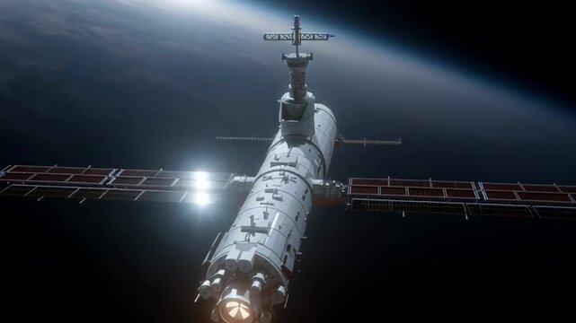 Spacecraft orbits earth, serene space exploration scene, futuristic technology in vast universe, international space week theme