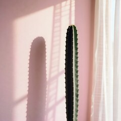 Tall Green Cactus Plant Casting Shadow on Pink Wall Minimalist Interior Design