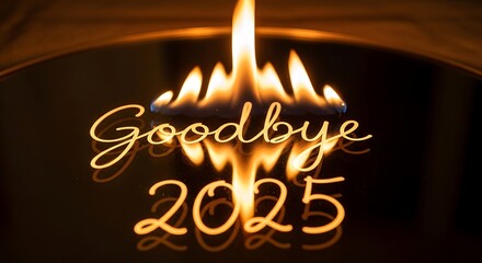 Goodbye 2025 in fiery text on a dark reflective surface